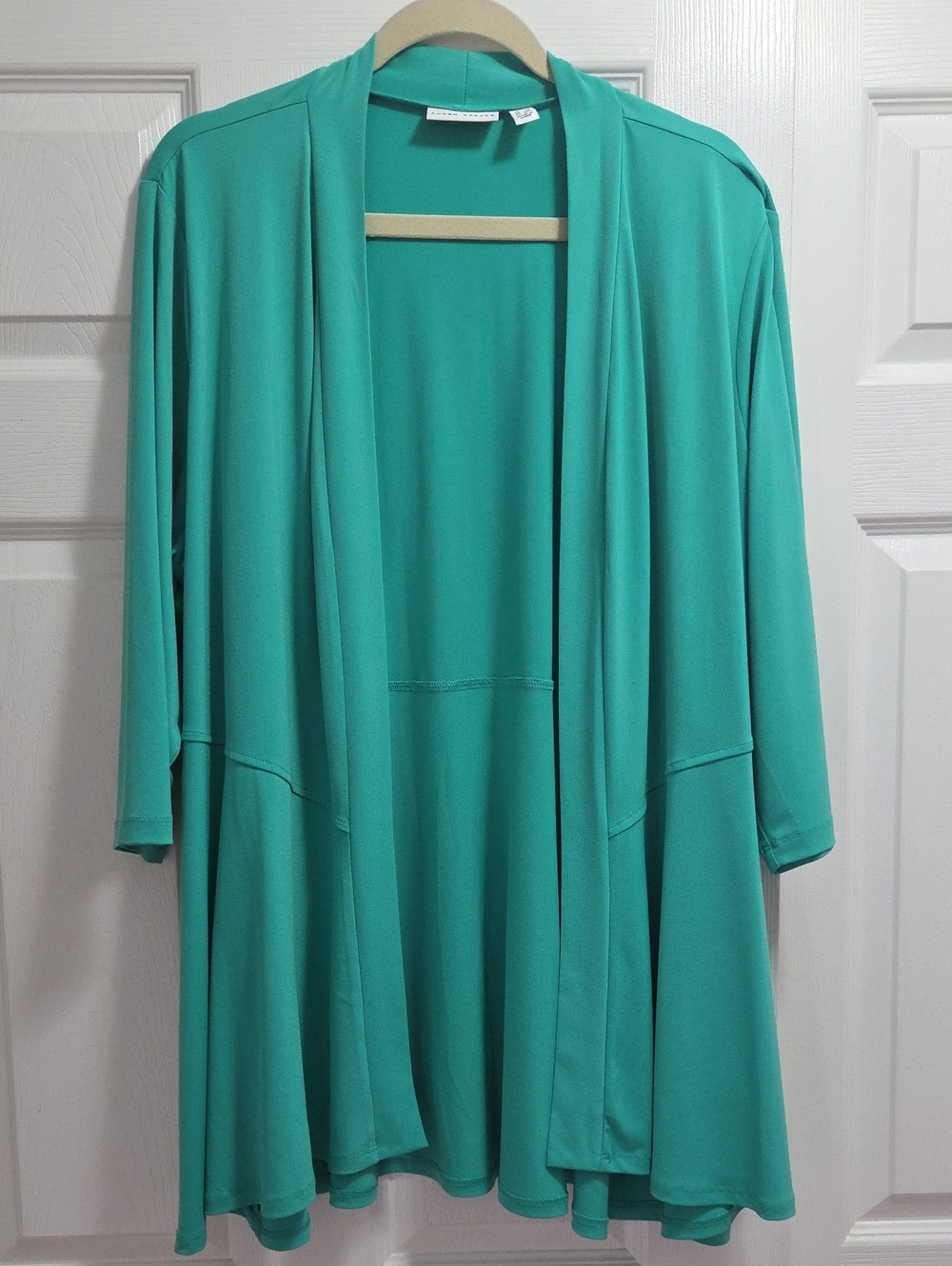 Susan Graver Liquid Knit Green Open-Front Swing Cardigan